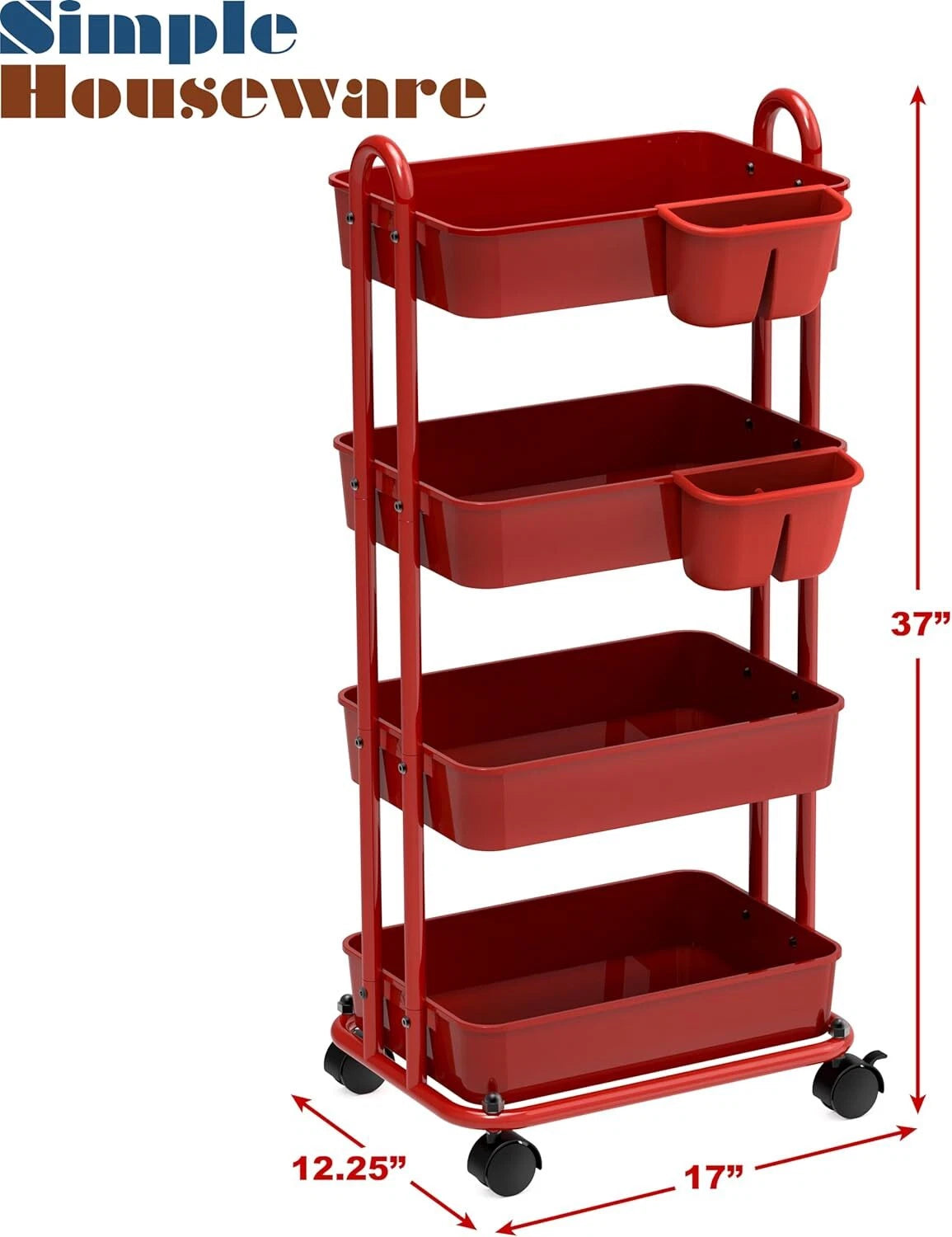 4-Tier Multi-Purpose Rolling Utility Cart with Bucket, Red 07FC0E-D4 - KOEEK