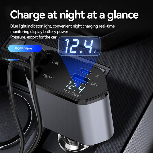 new 4 IN 1 Retractable Car Charger Cable Dual Port USB C PD Fast Charging Adapter koeek - KOEEK