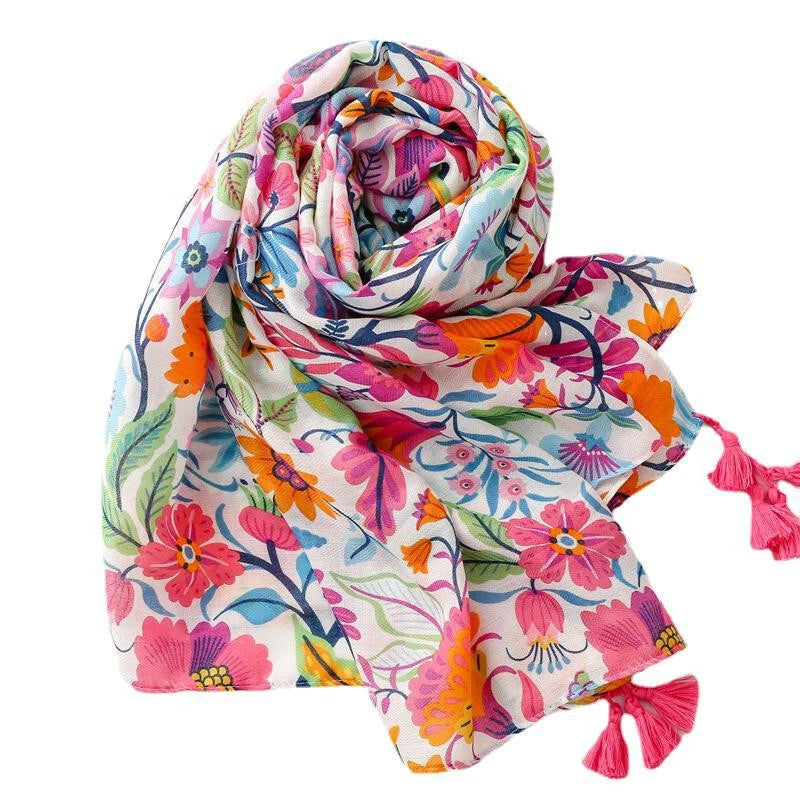 Womens Garden Floral Shawl Tassel Colorful Beach Vacation Pashmina Wrap Scarf 07FC0E-D4 - KOEEK