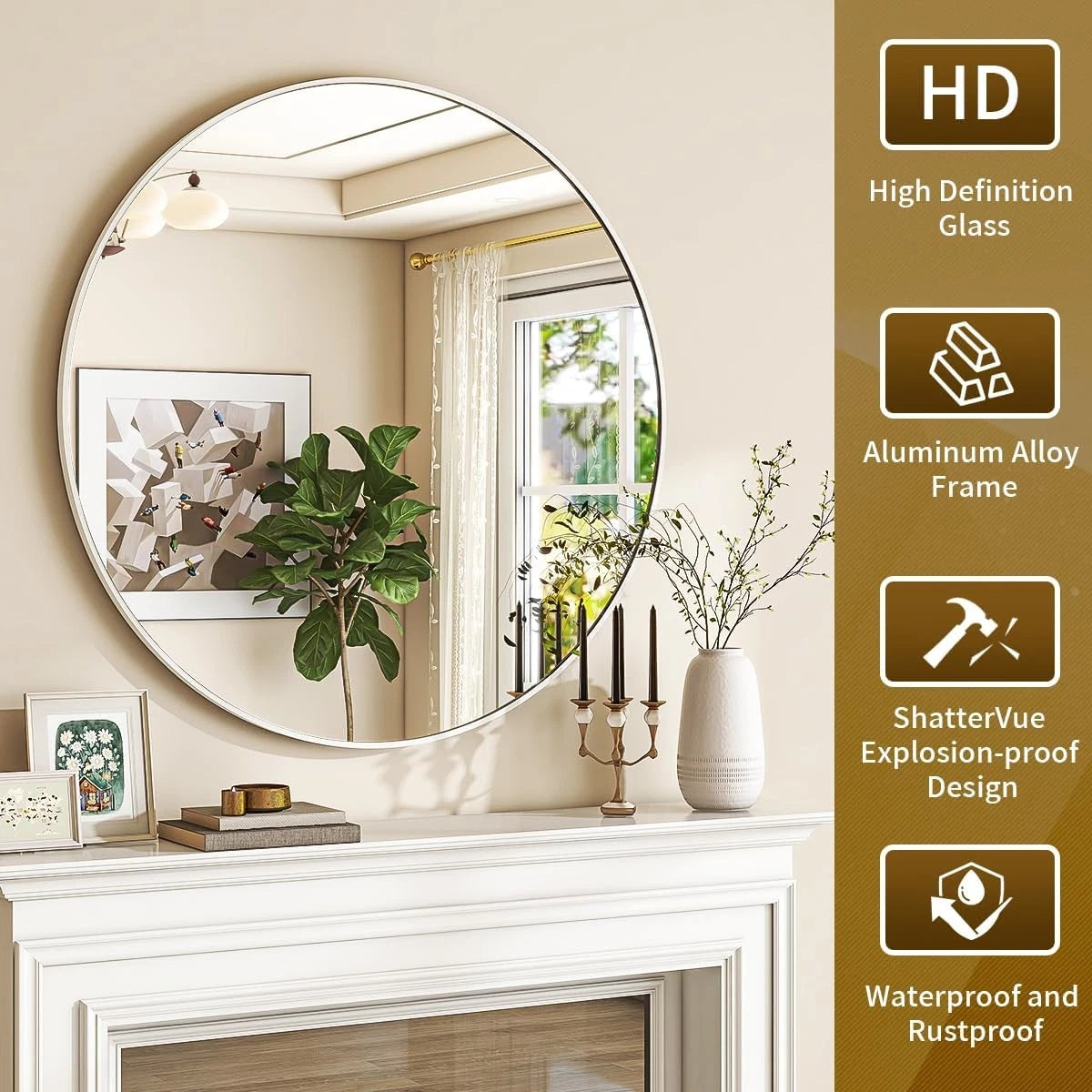 White Round Mirror, 30 Inch Bathroom Mirror with Metal Frame 07FC0E-D4 - KOEEK