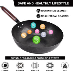 12.8" Carbon Steel Wok-11Pcs Woks & Stir Fry Pans Wok Pan with Lid 07FC0E-D4 - KOEEK