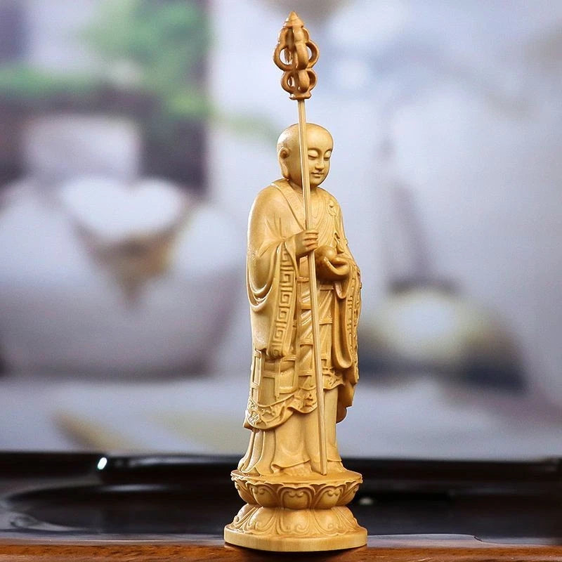 10cm Boxwood Ksitigarbha Bodhisattva Statue Wooden Home Altar Decor Figurine 07FC0E-D4 - KOEEK