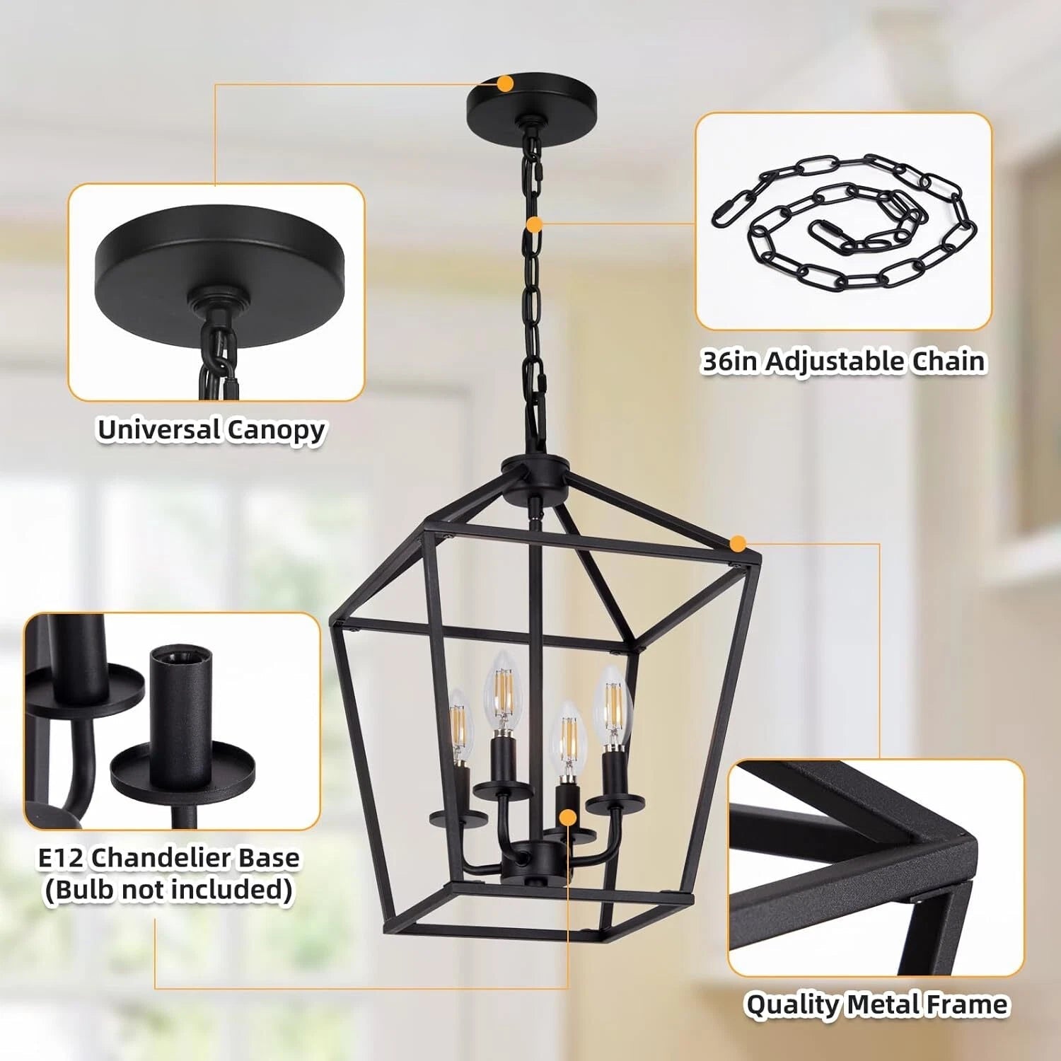 4 LampChandelier Industrial Ceiling Light,Black Lantern FixtureHeight Adjustable 07FC0E-D4 - KOEEK