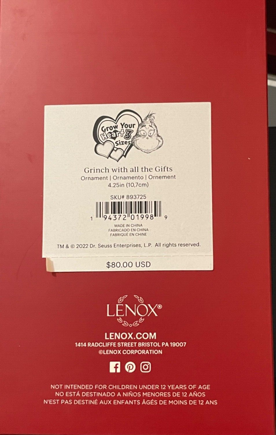 Lenox 2022 GRINCH WITH ALL THE GIFTS Christmas Tree Ornament # 893725 - NIB LENOX - KOEEK