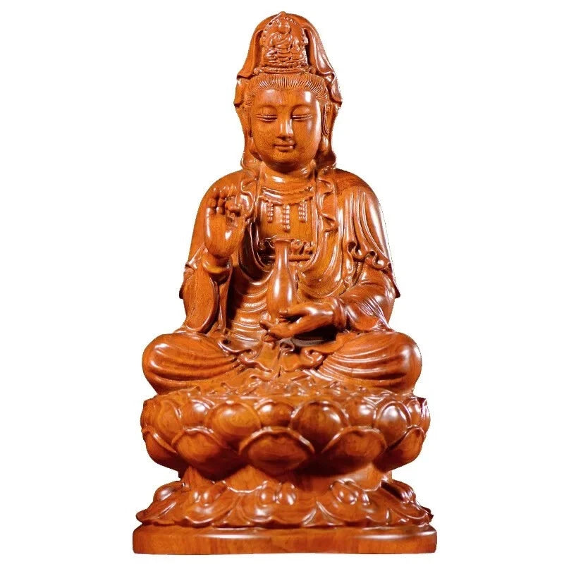 13CM Buddha Statue Seated Lotus Guanyin Buddha Figure Wood Pear Carving Buddhism 07FC0E-D4 - KOEEK