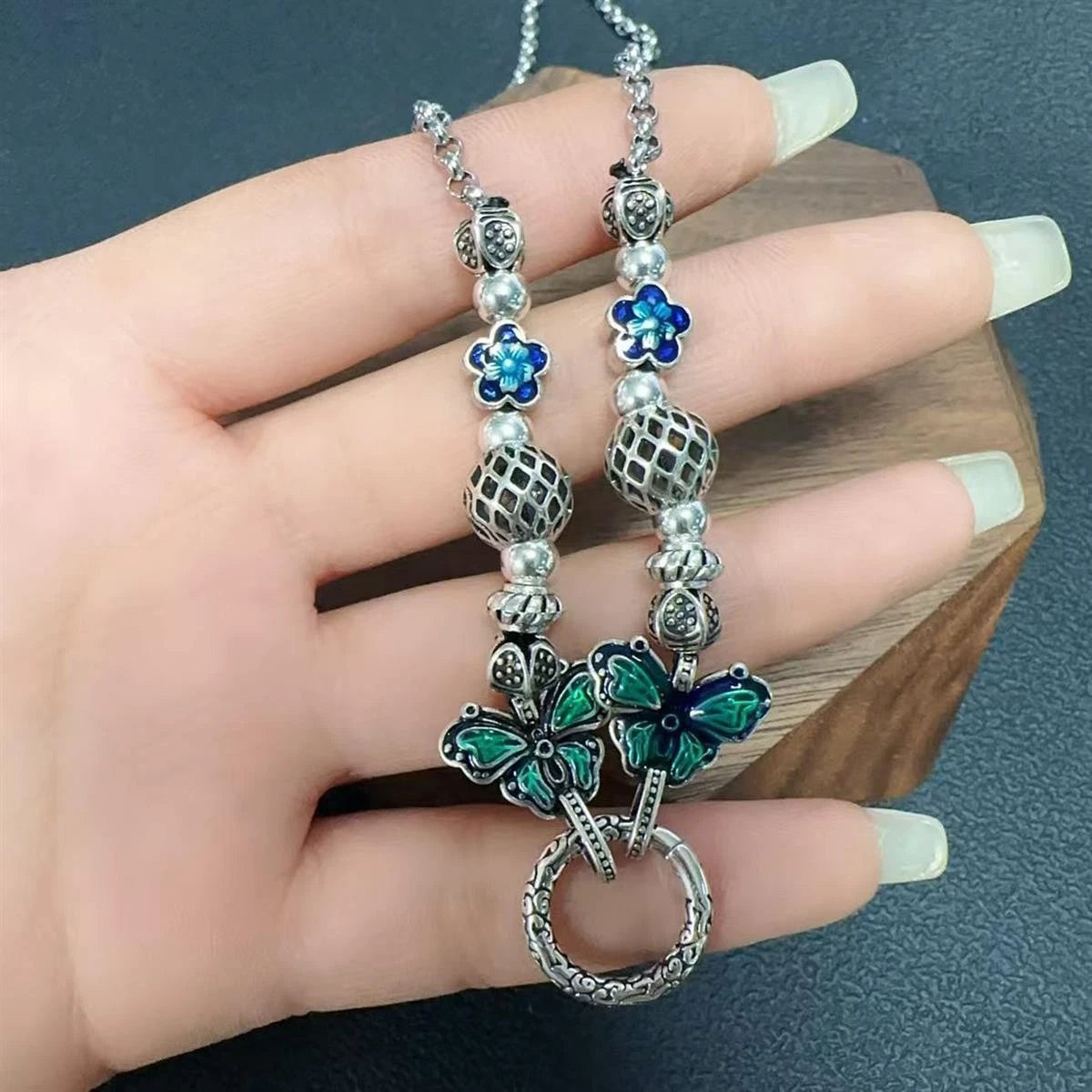 Retro Flower Butterfly Pearl Chain Necklace Pendant Compatible Women 07FC0E-D4 - KOEEK