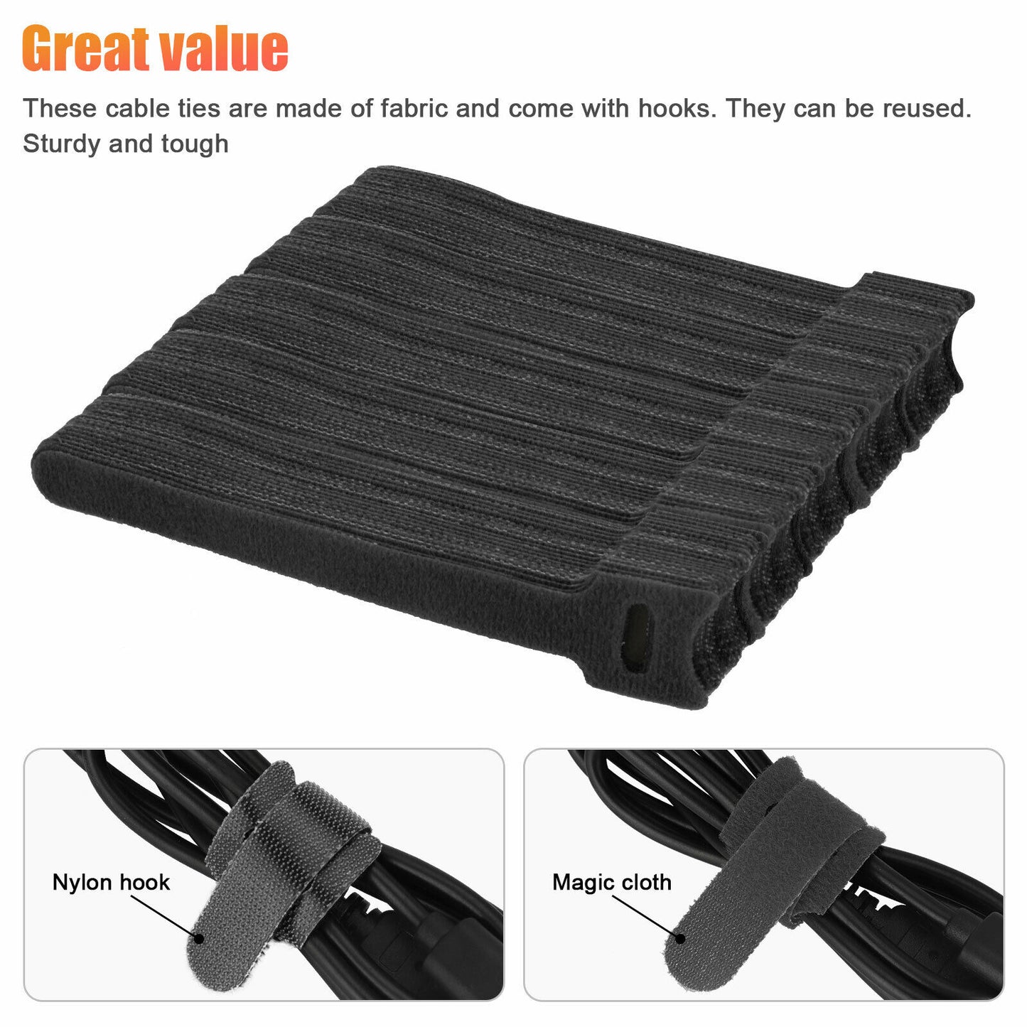 100Pcs Cable Straps Black Wire Cord Hook Loop Ties Reusable Fastening Organizer