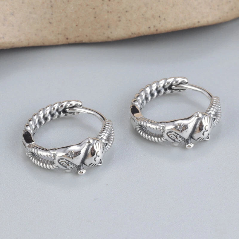 Solid 925 Sterling Silver Rich Cat Lovely Hoop Earrings 14mm Hoop 07FC0E-D4 - KOEEK