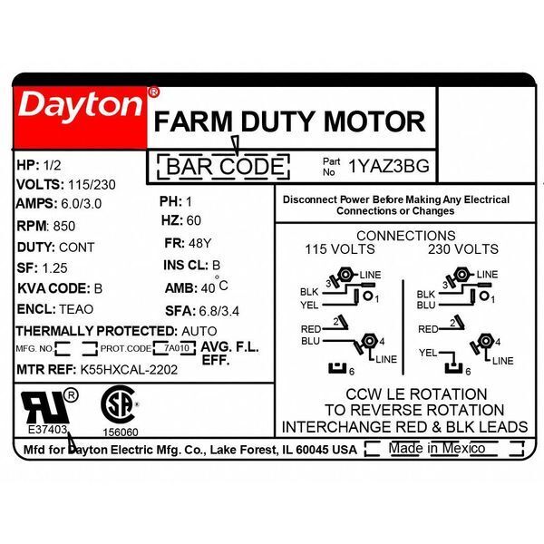 ny Dayton 1Yaz3 Agricultural Fan Motor, Permanent Split Capacitor, Hp,