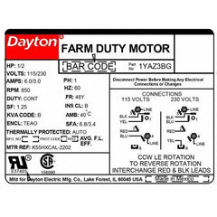 ny Dayton 1Yaz3 Agricultural Fan Motor, Permanent Split Capacitor, Hp,