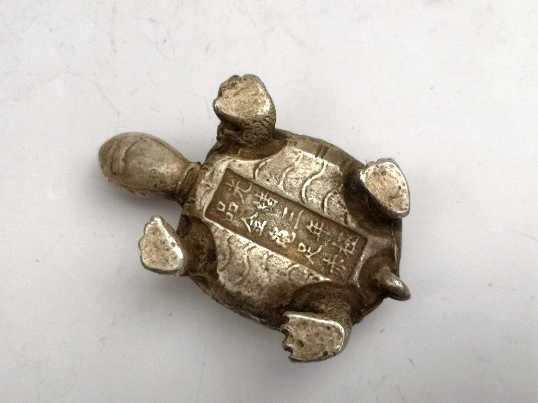65mm Retro Tibetn Silver Handcarved Longevity Turtle Statue Paperweight Ornament 07FC0E-D4 - KOEEK