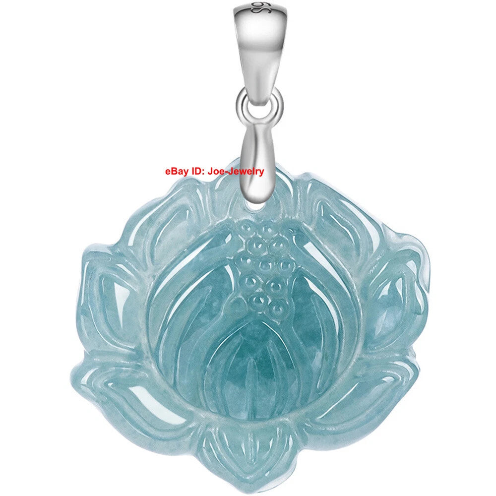 Solid 925 Sterling Silver With Natural Green Jade Lotus Flower Pendant 20.9mm H 07FC0E-D4 - KOEEK