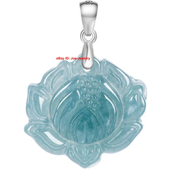 Solid 925 Sterling Silver With Natural Green Jade Lotus Flower Pendant 20.9mm H 07FC0E-D4 - KOEEK