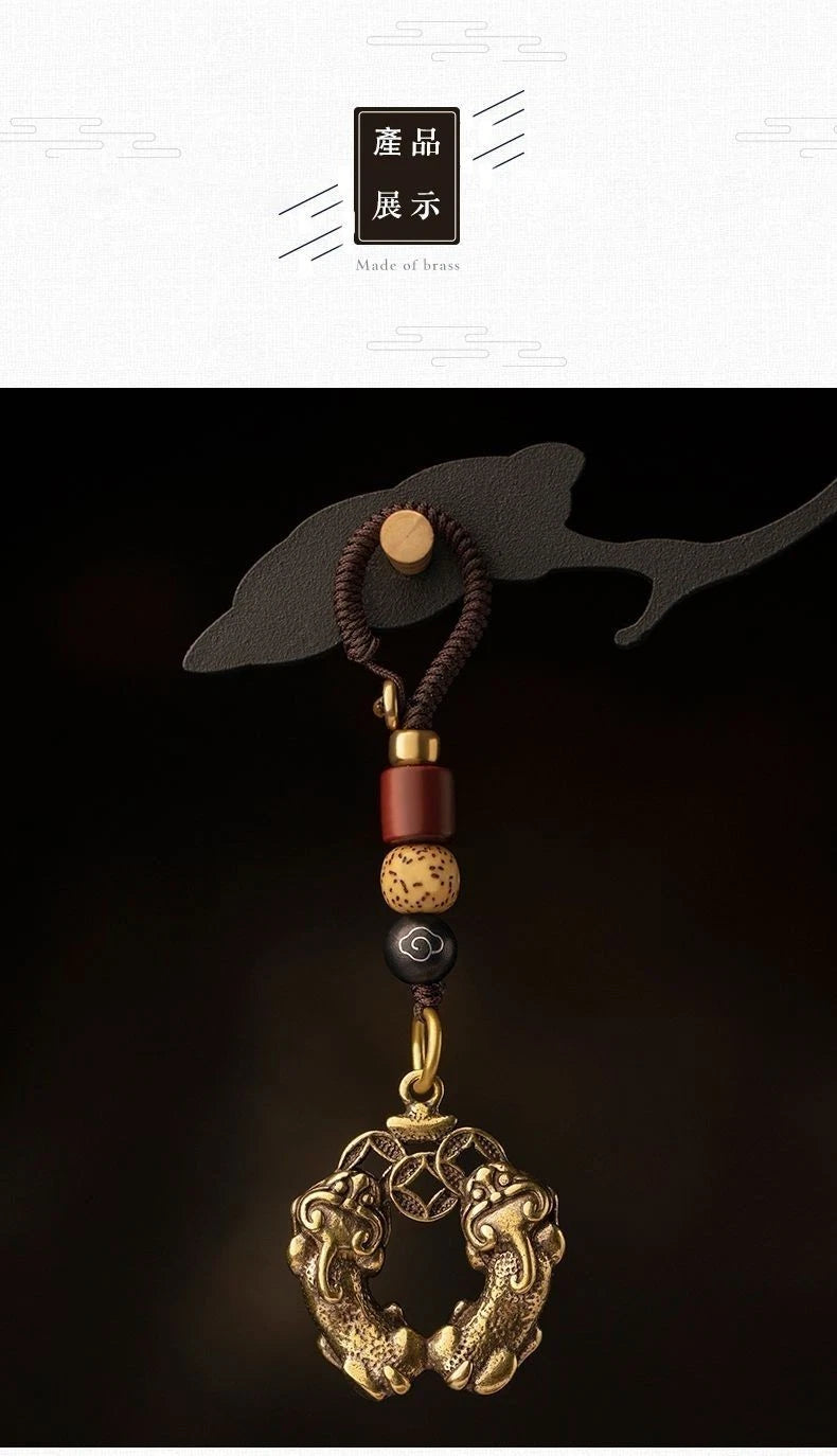 Double Bite Pi Xiu Brass Mobile Pendant U Disk Keychain Retro Unisex Handmade 07FC0E-D4 - KOEEK
