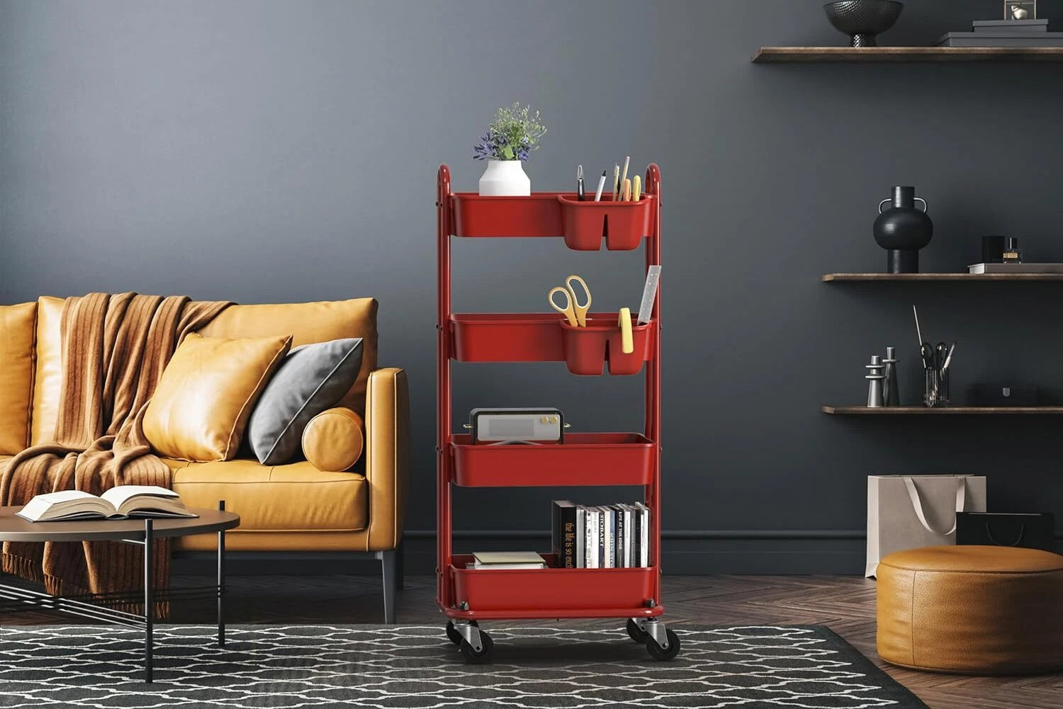 4-Tier Multi-Purpose Rolling Utility Cart with Bucket, Red 07FC0E-D4 - KOEEK