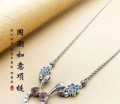 Silver Plated Ruyi Lotus Necklace Vintage Epoxy Craft Chinese Style 07FC0E-D4 - KOEEK