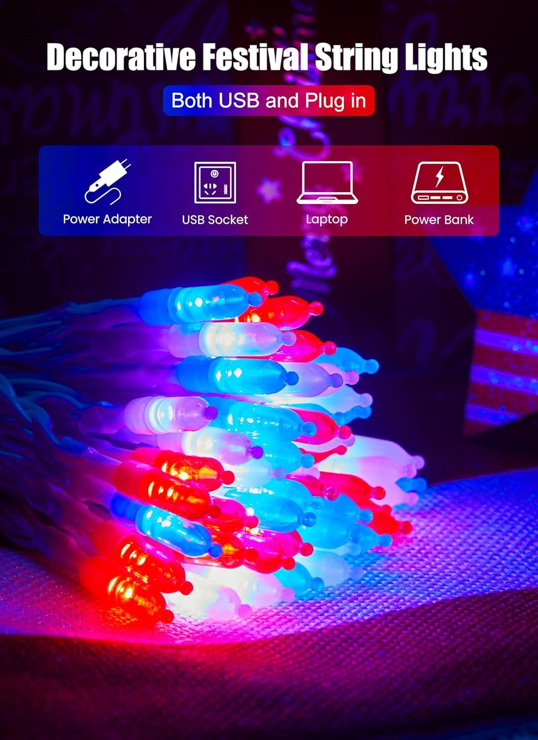 new Red White Blue String Lights Plug in - 100 Count, - Wire 07FC0E-D4 - KOEEK