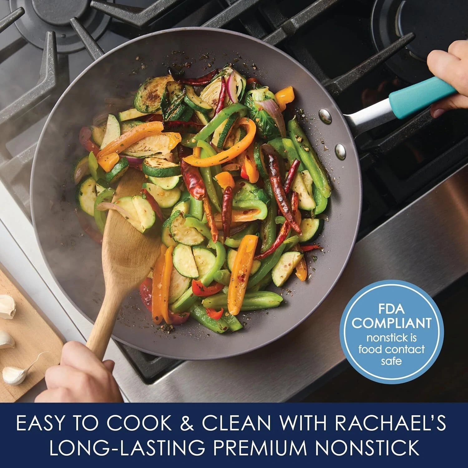 Hard Anodized Non-Stick Wok with Lid,11-Inch Wok with Lid,Gray with Blue Handles 07FC0E-D4 - KOEEK