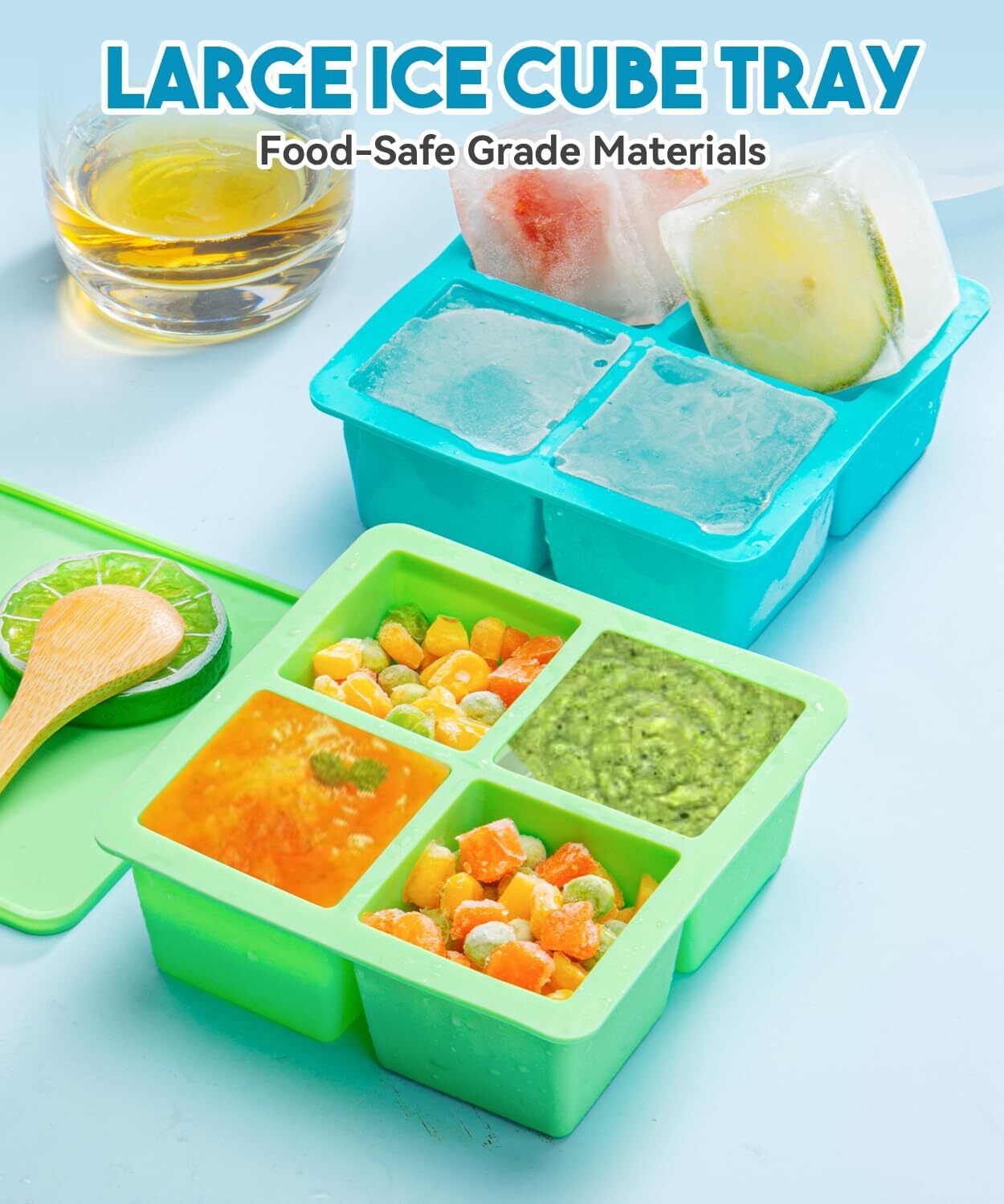 new 2 Pack Silicone Ice Cube Tray with Lid -Large 4.5*4.5*2.1in, Green，Blue 07FC0E-D4 - KOEEK