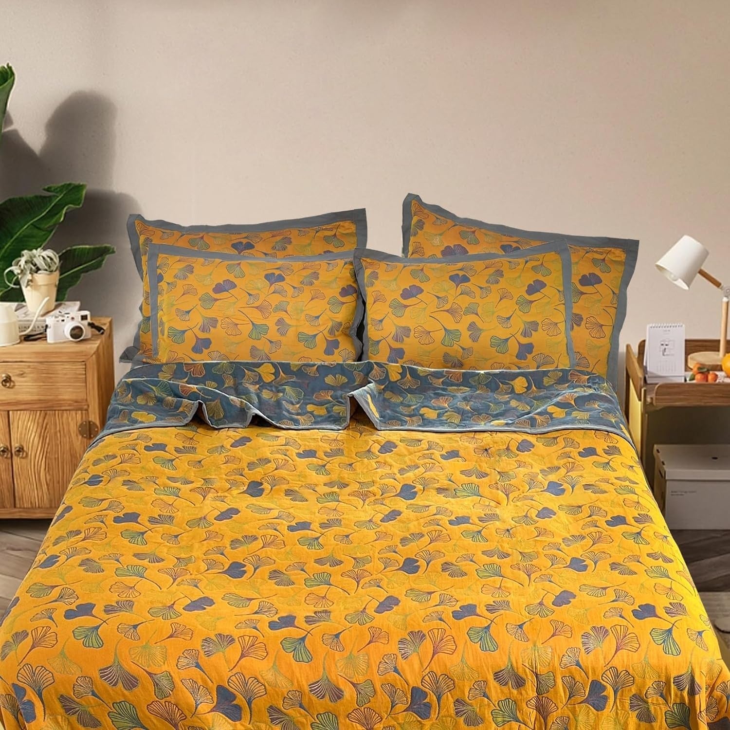 new 3 Piece Ginkgo Quilt Set with 2 Pillow Shams Queen Quilt, Orange 07FC0E-D4 - KOEEK