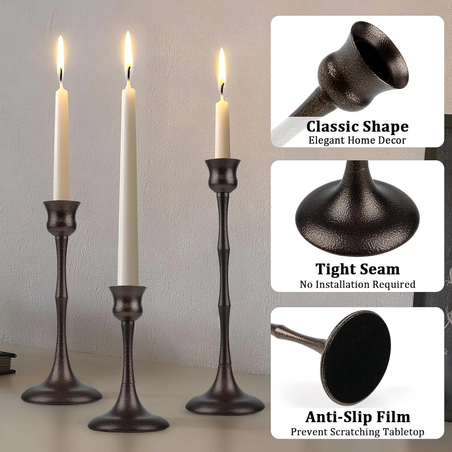 Metal Candlestick Holders, Set of 3 Bronze Candle Holders for Candlesticks 07FC0E-D4 - KOEEK