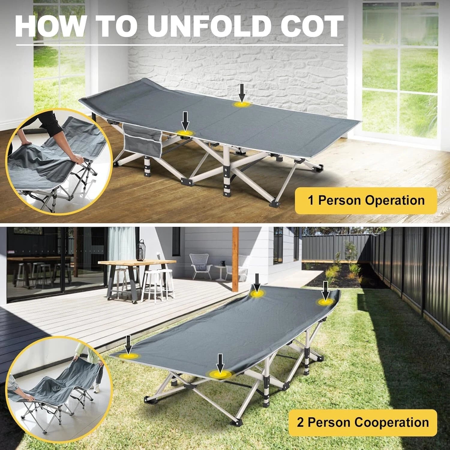 Black folding camp bed with mattress, 800 lb. maximum load capacity 07FC0E-D4 - KOEEK