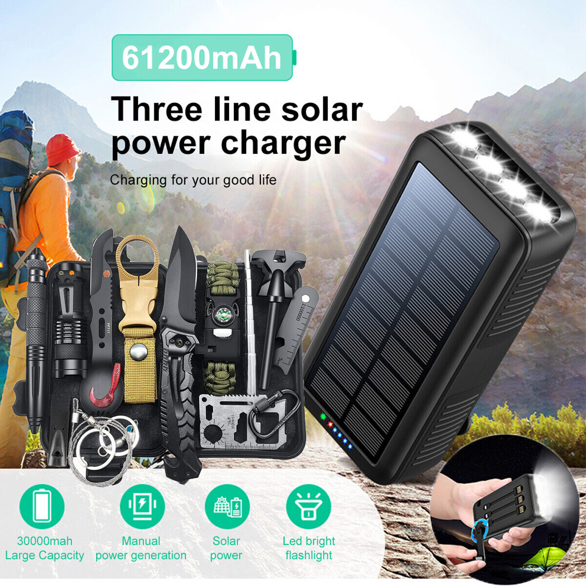 ny 61200mAh Solar PowerBank eksternt batteri Nødoverlevelsesutstyr lommelykt