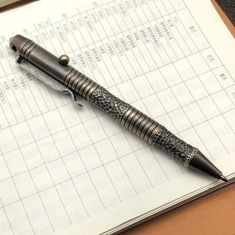 Outdoor Brass Retro Handcarved Meteorite Pattern Pocket Ballpoint Pen EDC Travel 07FC0E-D4 - KOEEK