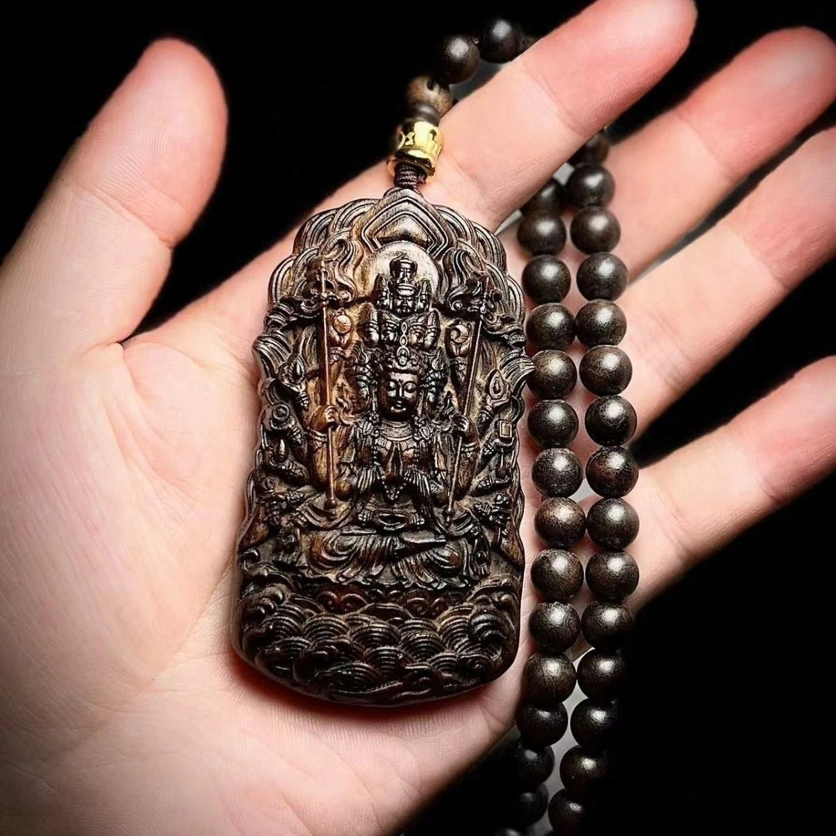 Nha Trang Agarwood Thousand Arm Guanyin Pendant Necklace Zodiac Sweater Chain 07FC0E-D4 - KOEEK