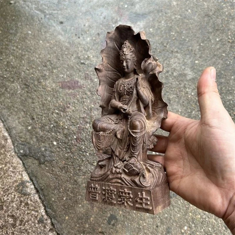 20cm Vietnamese Agarwood Carved Lotus Guanyin Statue Wooden Home Altar 07FC0E-D4 - KOEEK
