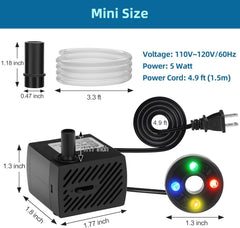 new Mini Submersible Fountain Water Pump With LED Light 95GPH 5W(4 LED), Black 07FC0E-D4 - KOEEK