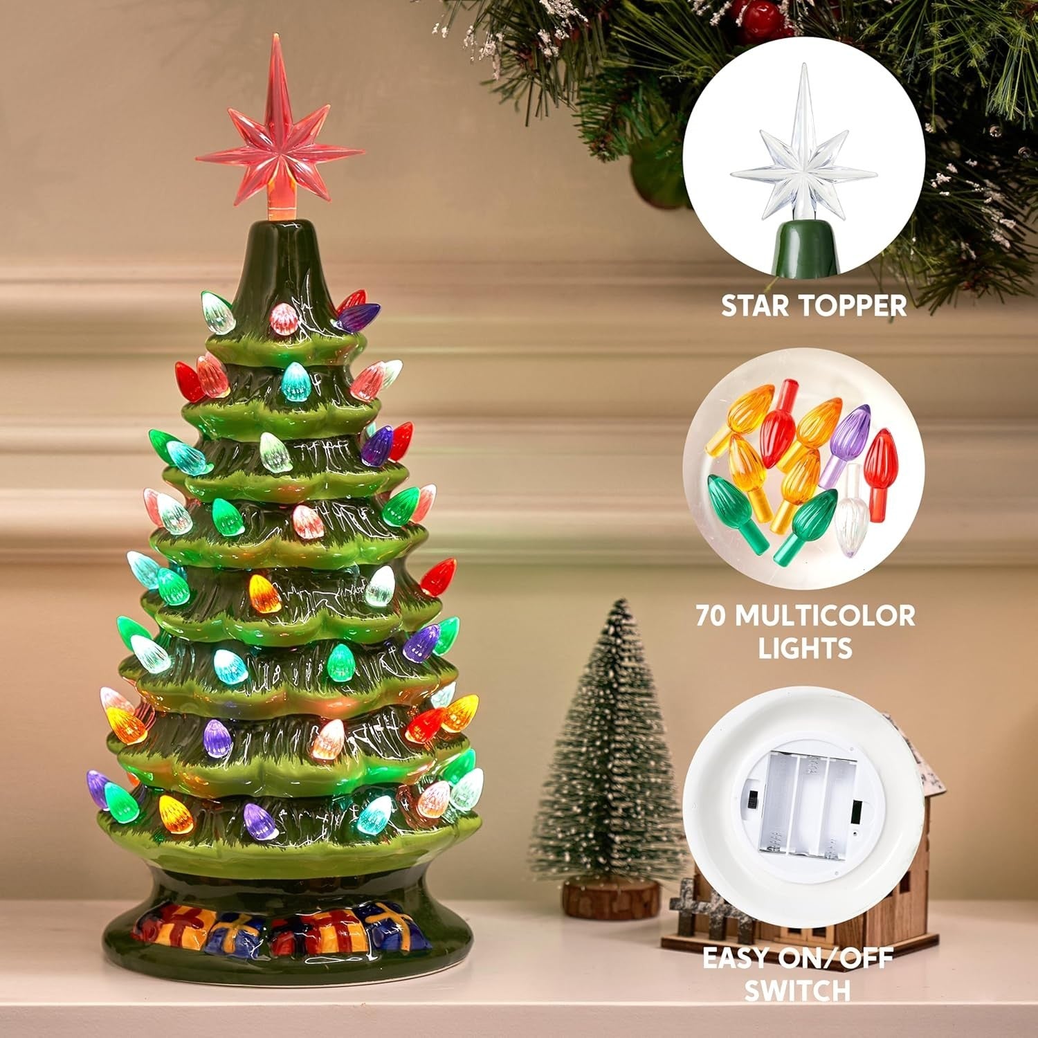 15" Pre-Lit Ceramic Christmas Tree Hand-Painted Tabletop with Lights 07FC0E-D4 - KOEEK