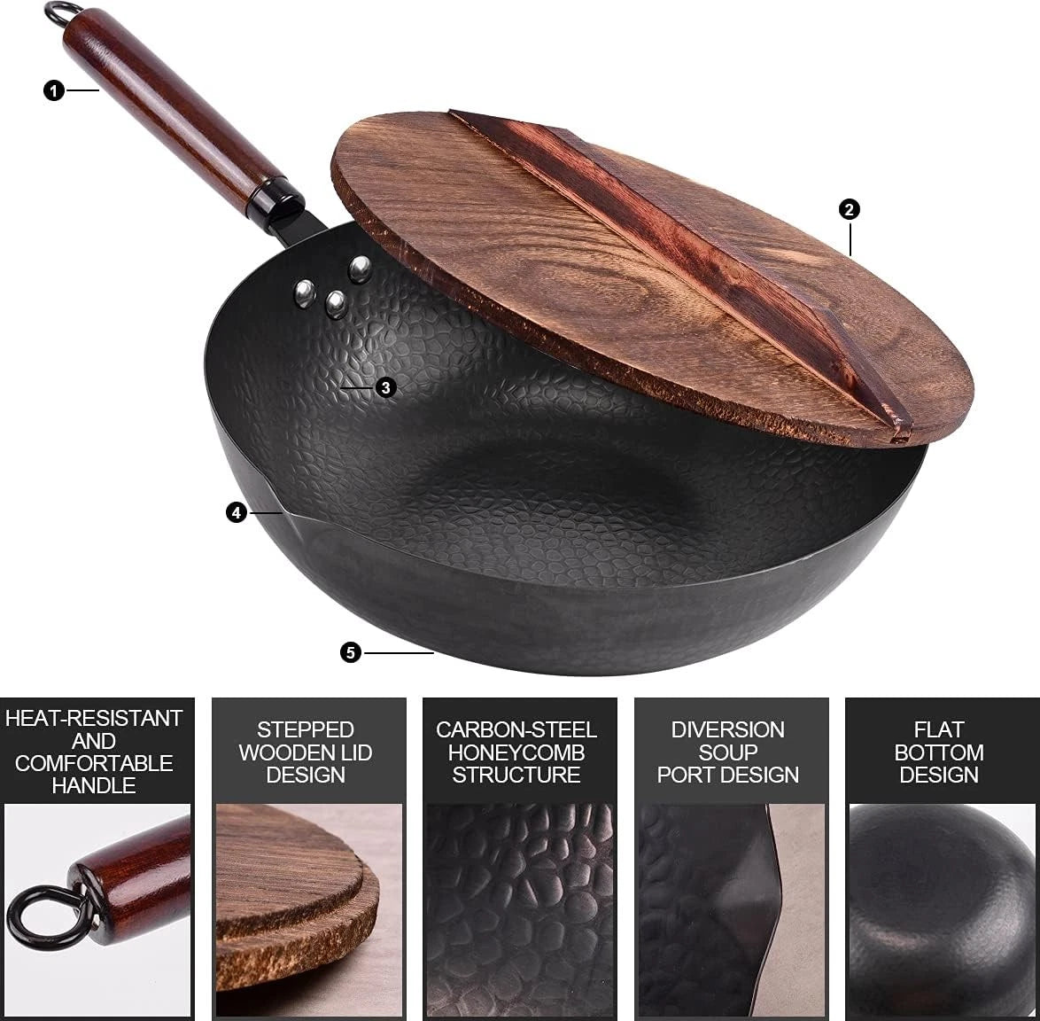 12.8" Carbon Steel Wok-11Pcs Woks & Stir Fry Pans Wok Pan with Lid 07FC0E-D4 - KOEEK
