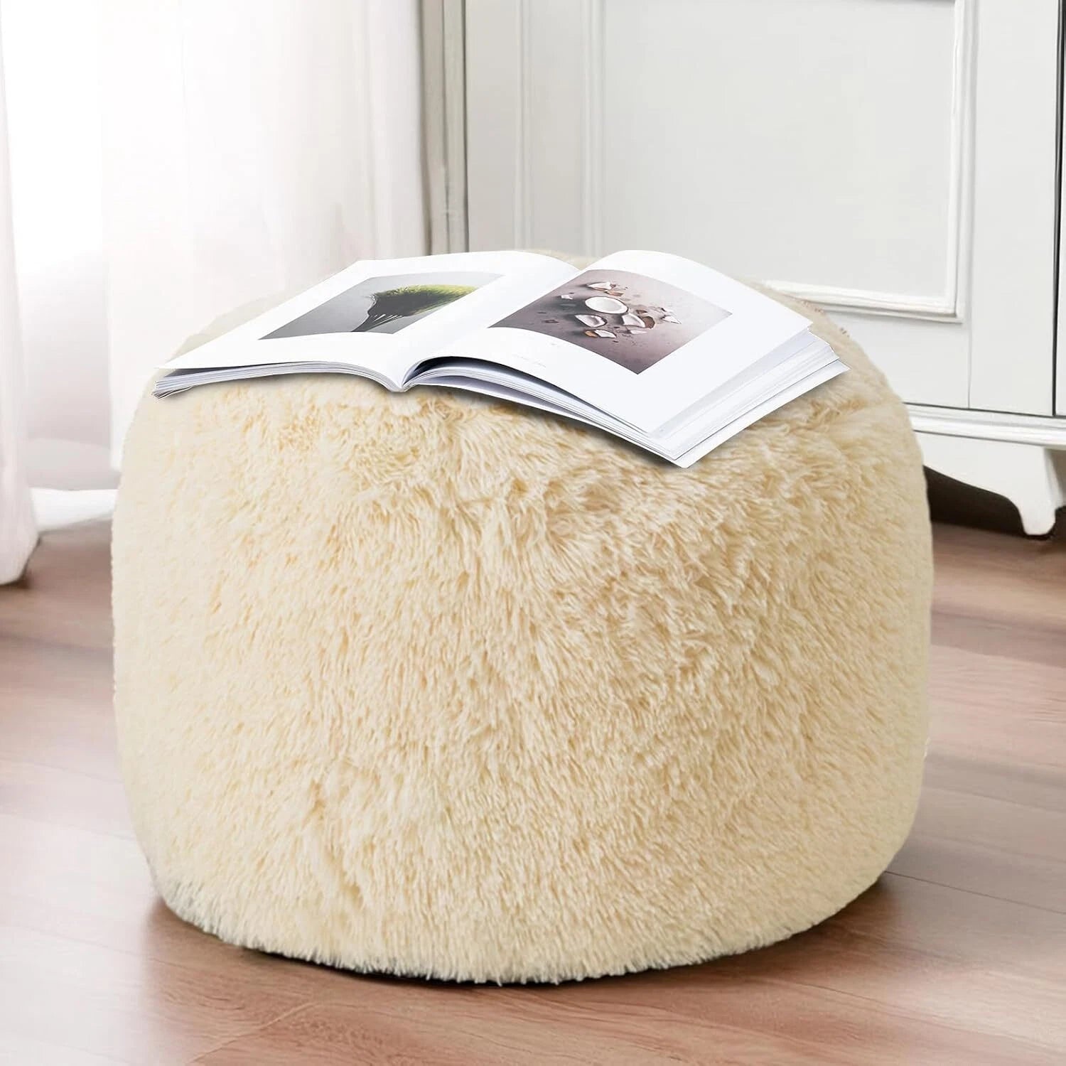 Round Padded Futon Ottoman, Fluffy Plush Futon Footstool Storage Ottoman, Beige 07FC0E-D4 - KOEEK