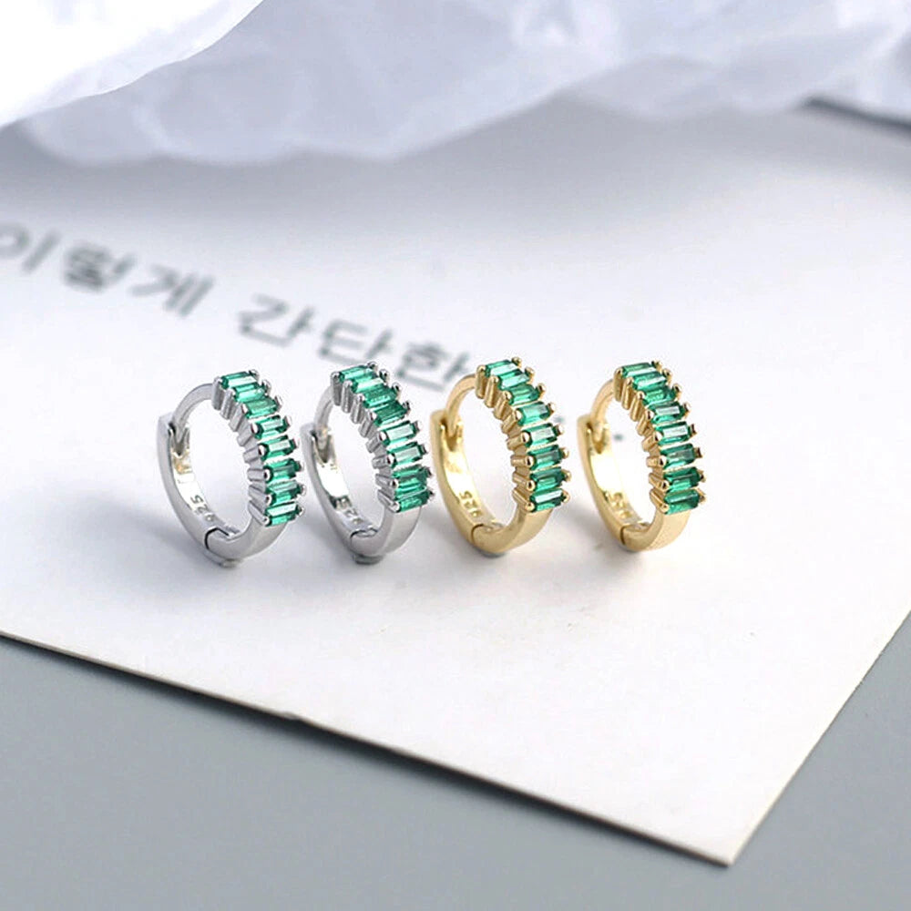 SMALL Sterling Silver Baguette CZ Zirconia Boho Huggie Hoop Earrings 07FC0E-D4 - KOEEK