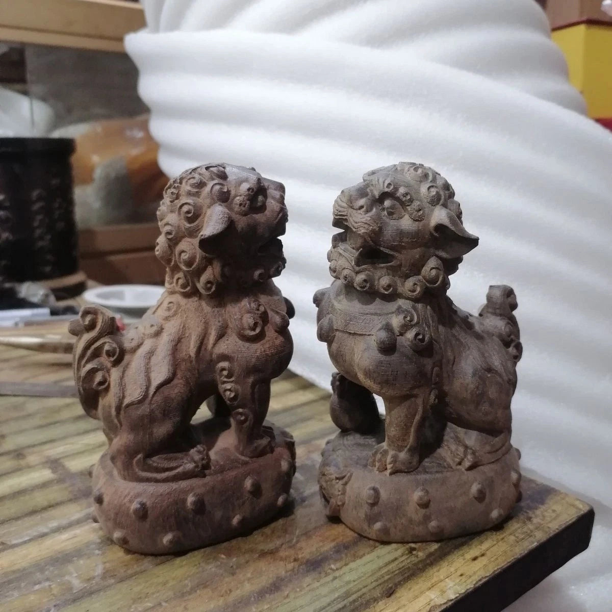 Agarwood Lion Pair Figurine Wood Carving Feng Shui Office Decor 9x14cm 07FC0E-D4 - KOEEK