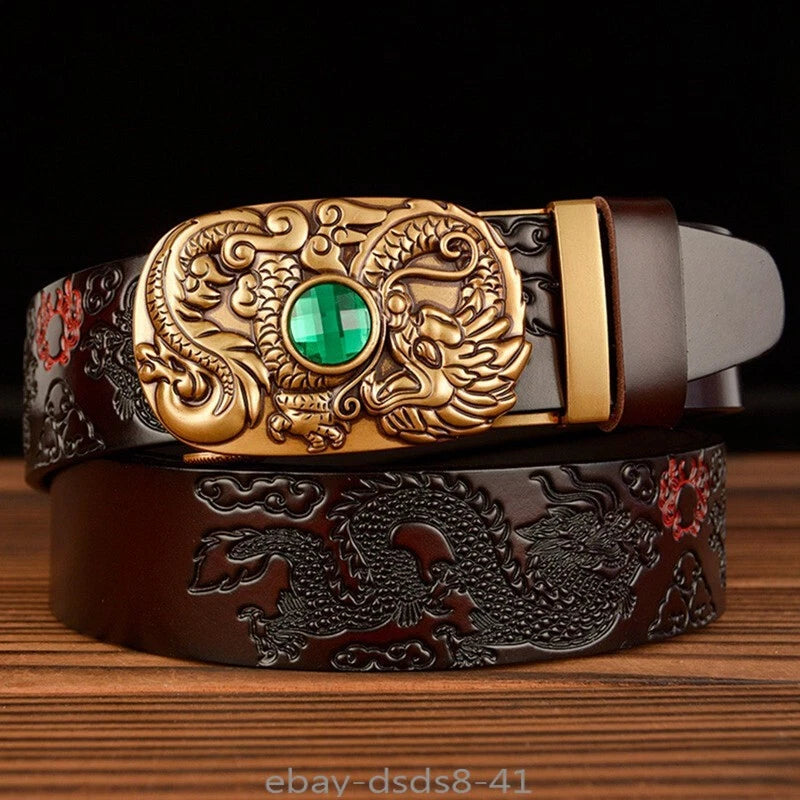 Automatic Buckle Men's Belt  Dragon Designer Leather Belt Gold Buckle Belt 07FC0E-D4 - KOEEK
