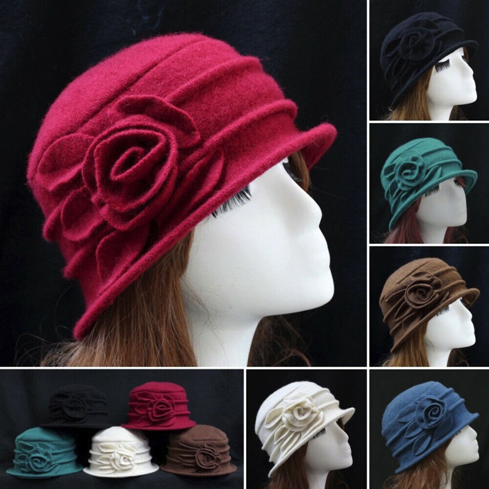 ny Dame Elegant Ull Blomster Hat Vinter Vintage Cloche Bøtte Cap