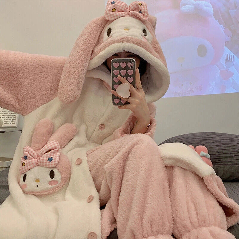Kuromi My Melody Cinnamoroll Flannel Night-robe Pajama Pants Sleepwear Nightgown 07FC0E-D4 - KOEEK