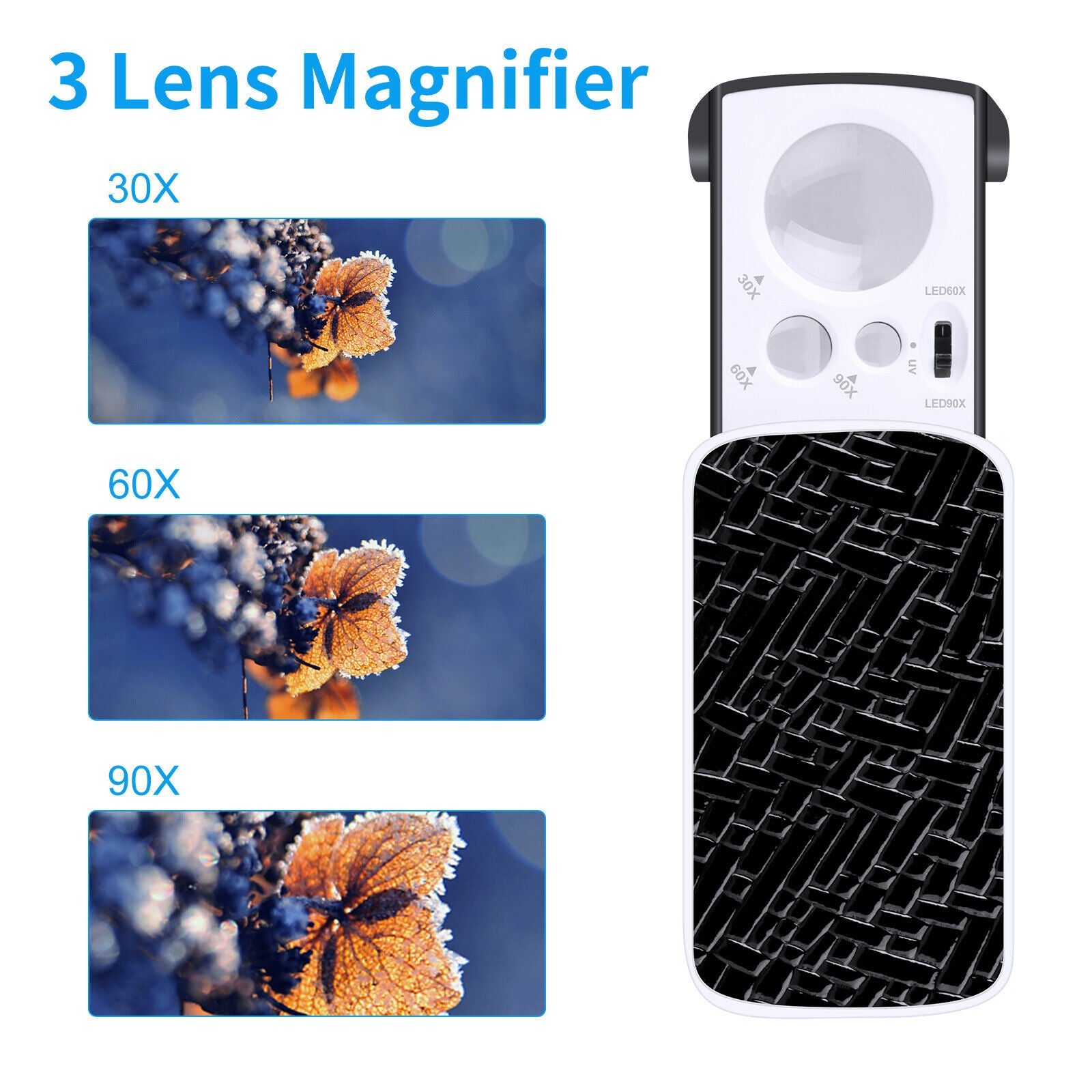 2x Pocket 30X 60X 90X Jewelry Magnifier Magnifying Loop Eye Glass with LED Light koeek - KOEEK