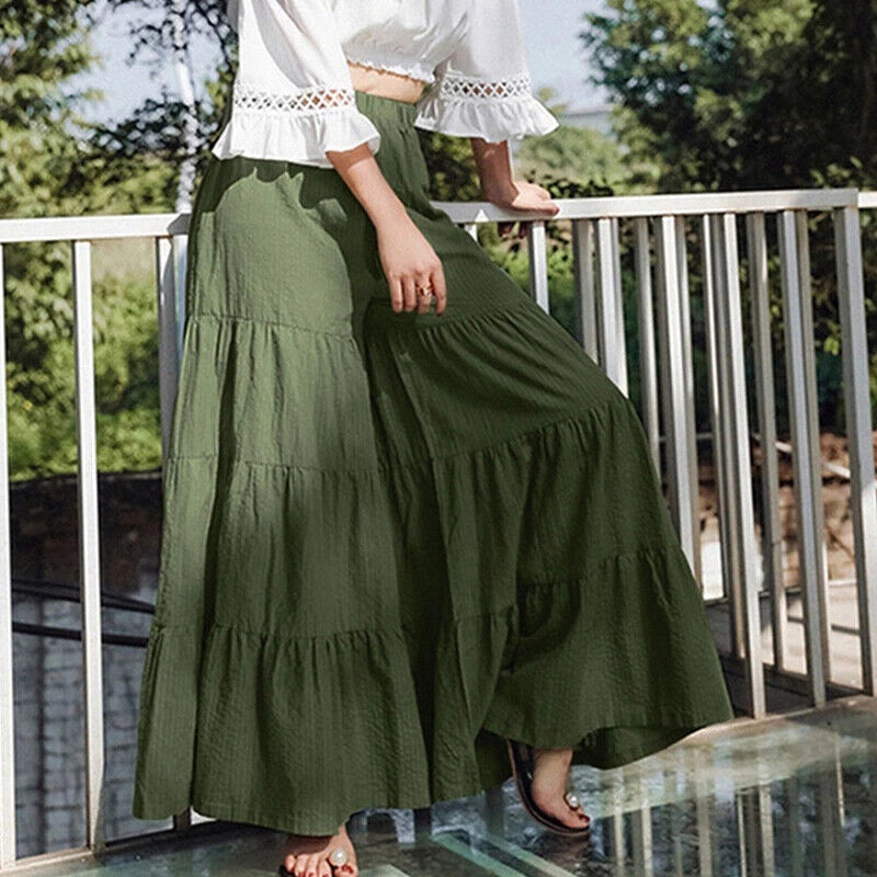 Vintage Solid Womens Wide Leg Elegant Casual Long Pants Elastic Waist Trouser 07FC0E-D4 - KOEEK