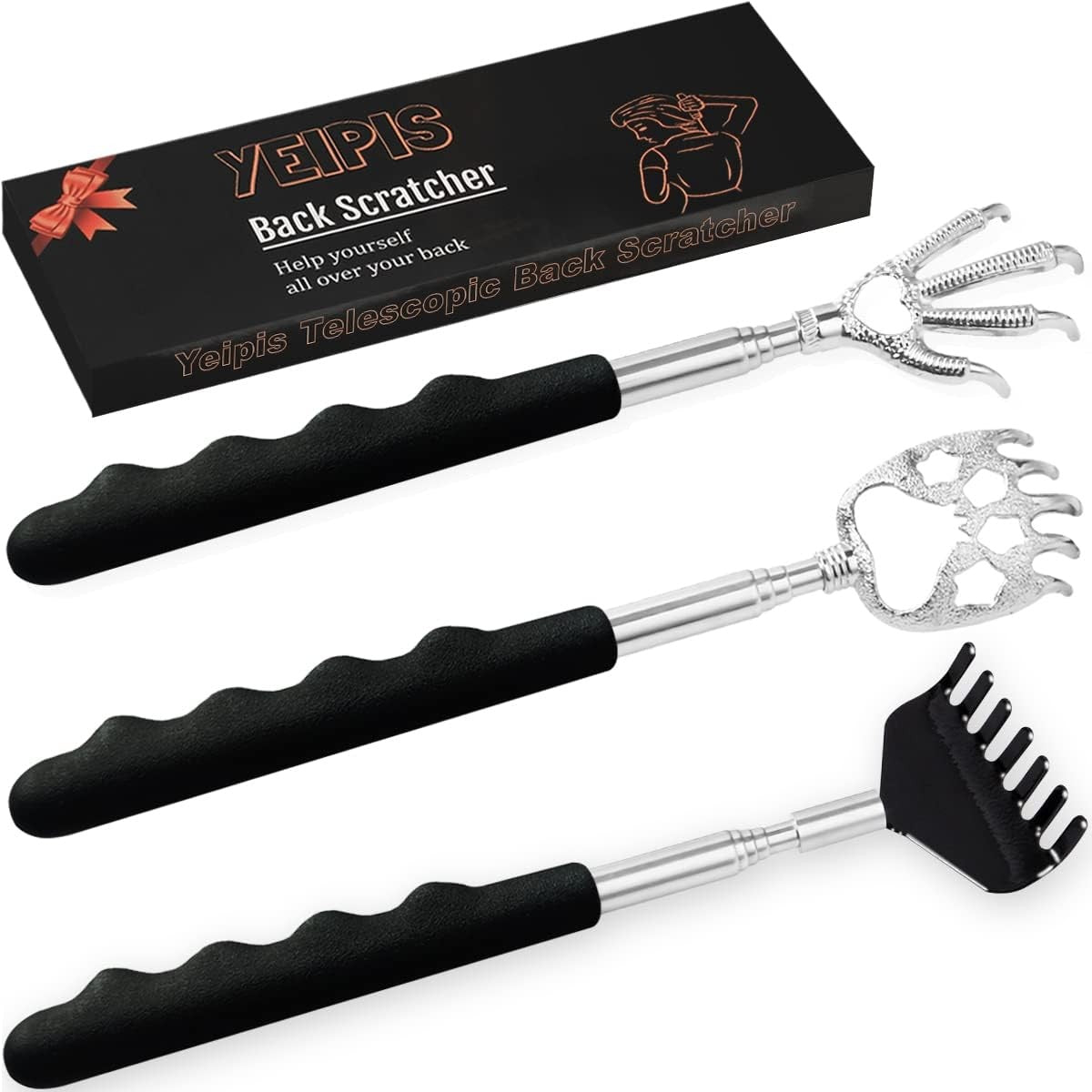 new 3 Pack Back Scratcher Metal Portable Telescoping with Rubber Silver, Black 07FC0E-D4 - KOEEK