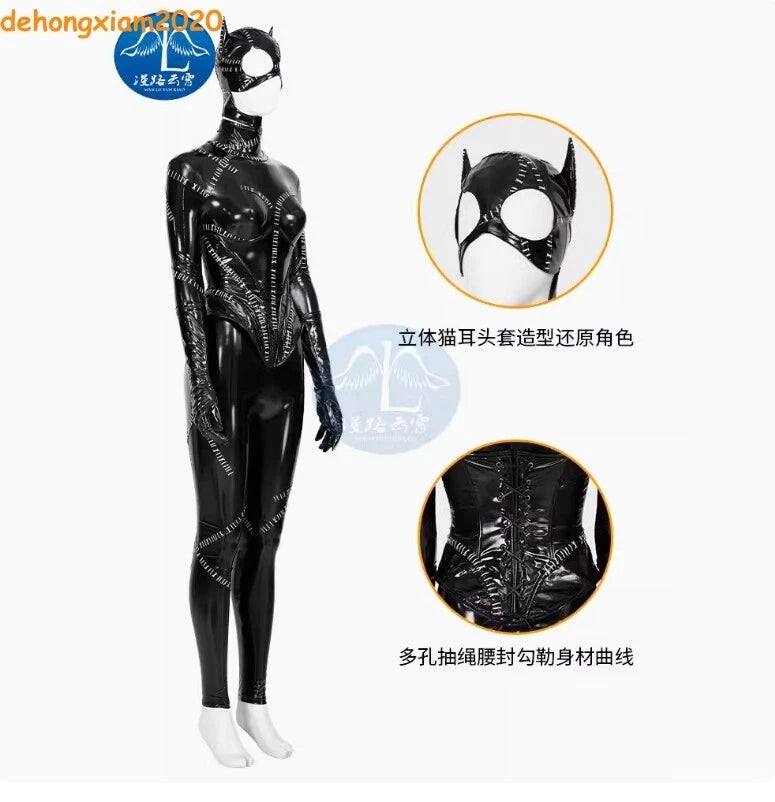 Women Fullbody Black Catwoman PU Costume Cloth Mask Whip Zipper Patch Halloween 07FC0E-D4 - KOEEK