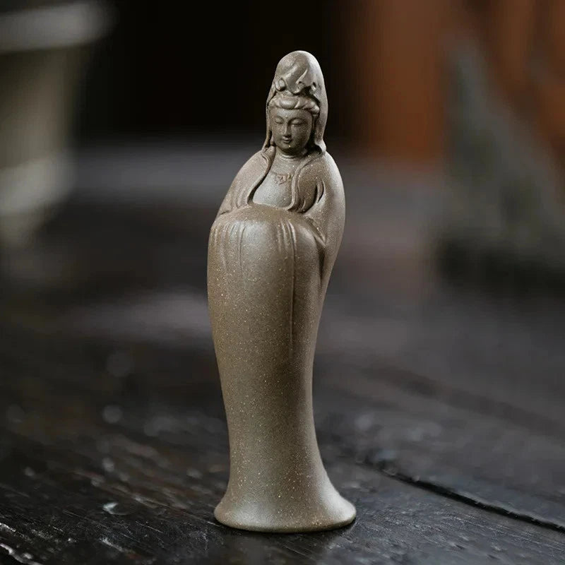 10cm Chinese Yixing Purple Clay Handmade Guanyin Buddha Statue Tea Pet Ornament 07FC0E-D4 - KOEEK