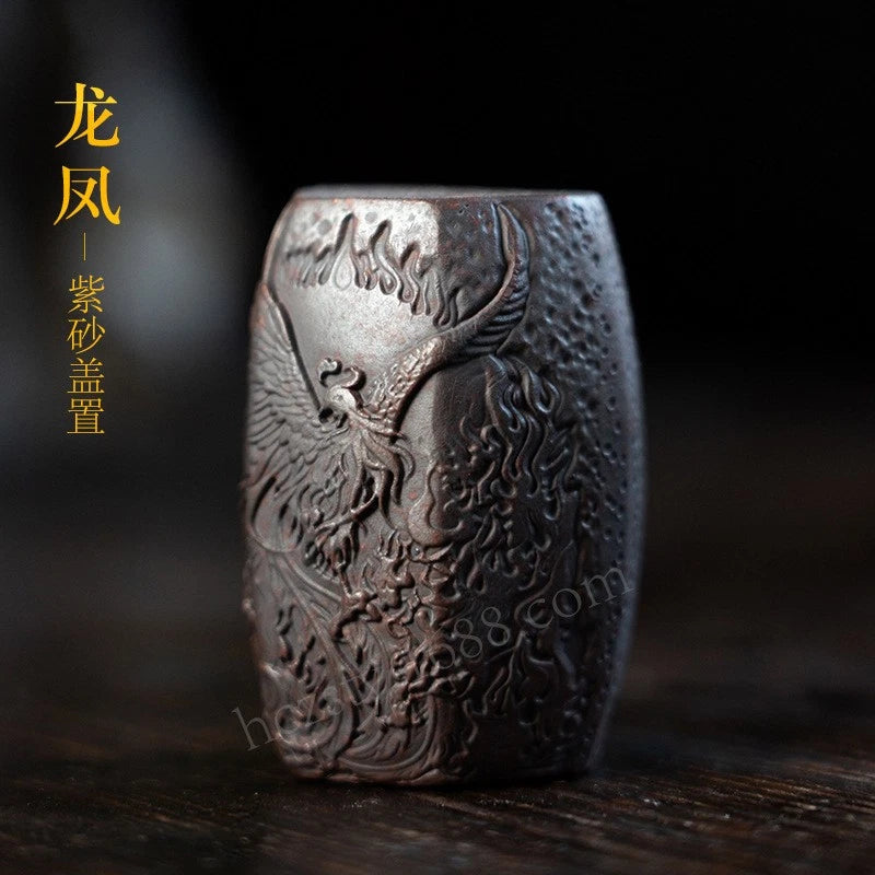 5.2cm Yixing Purple Clay Handcarved Dragon Phoenix Lid Saucer Tea Pet Ornament 07FC0E-D4 - KOEEK