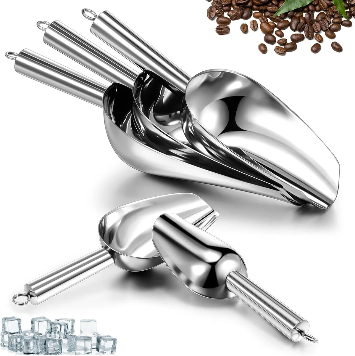 5 Pack 3/6/9/12/16 Ounce Stainless Steel Ice Scoop Multiple Sizes Metal Ice 07FC0E-D4 - KOEEK