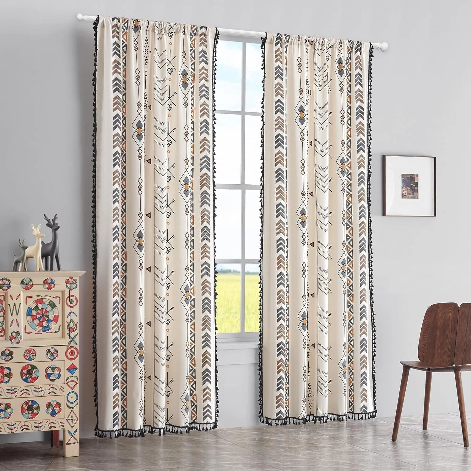 Boho Curtains Bohemian Window Treatments with Tassels Fringe & Geometric Print 07FC0E-D4 - KOEEK