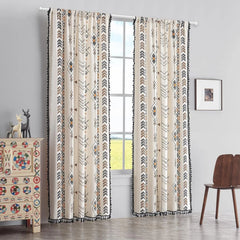 Boho Curtains Bohemian Window Treatments with Tassels Fringe & Geometric Print 07FC0E-D4 - KOEEK