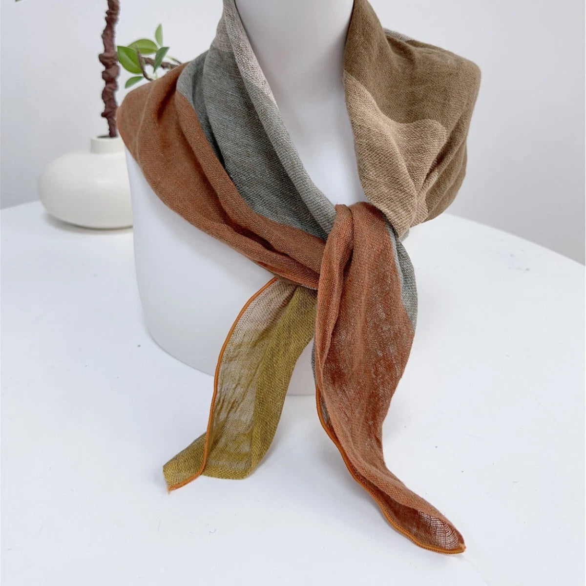 Womens  Flax Linen Colorful Stripe Bandana Neck Wrap Soft Neckerchief Scarf 07FC0E-D4 - KOEEK