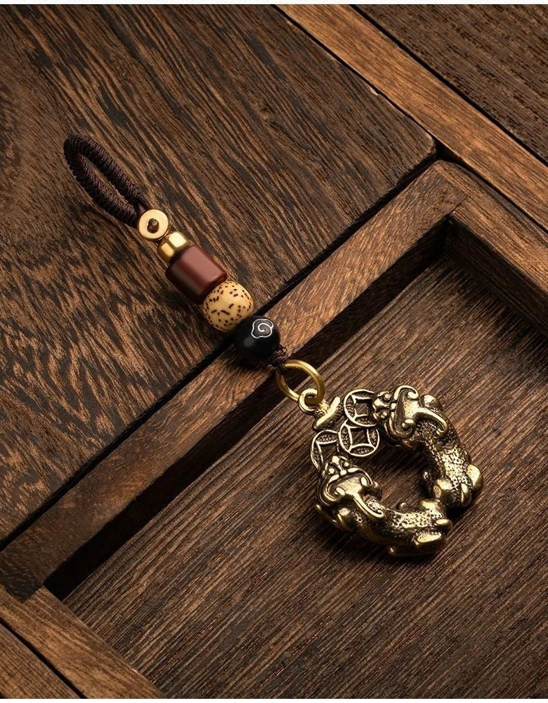 Double Bite Pi Xiu Brass Mobile Pendant U Disk Keychain Retro Unisex Handmade 07FC0E-D4 - KOEEK